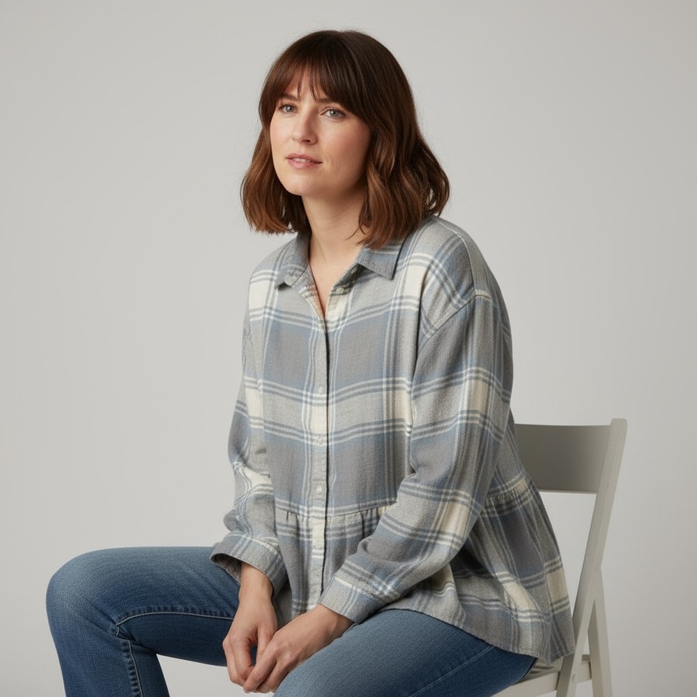American Eagle Flannel Gray Plaid Peplum Button Front Blouse Size L